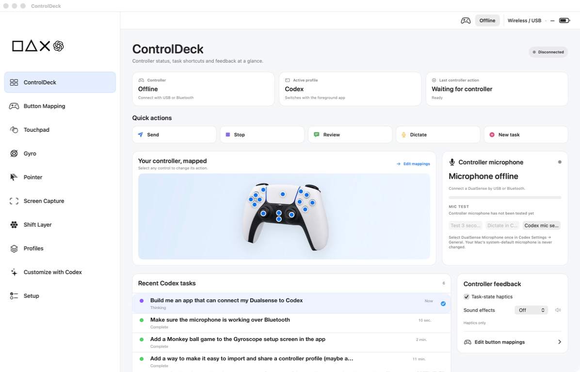 ControlDeck game-controller shortcuts for Codex on Mac — app preview